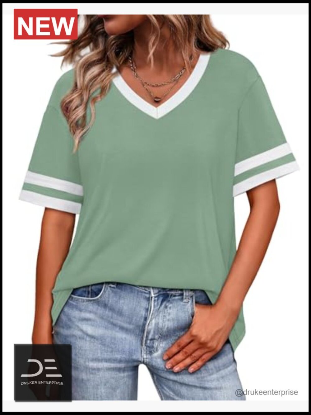 Loose Fit Short Sleeve V-Neck T-Shirt Color Block Summer Top S-4XL - Picture 2 of 7